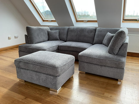 Cinema Sofa U Shape Sofa Living Room Corner Suite with Footstool (Available in Plush , Beige, Charcoal, Cream, Grey)